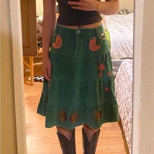 Sold** Miss Me green corduroy embroidered midi skirt